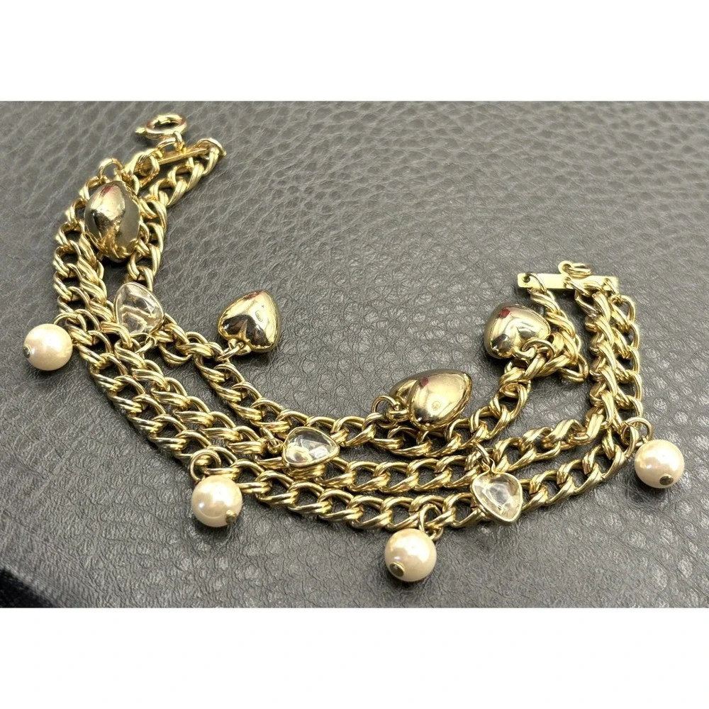 Puffy Heart Faux Pearl Station 3 Chain Link Charm Bracelet Spring Ring Closure